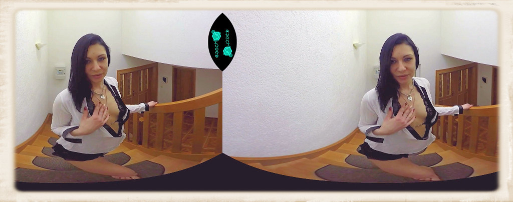 Kara Cherry coming upstairs in a VR porn movie