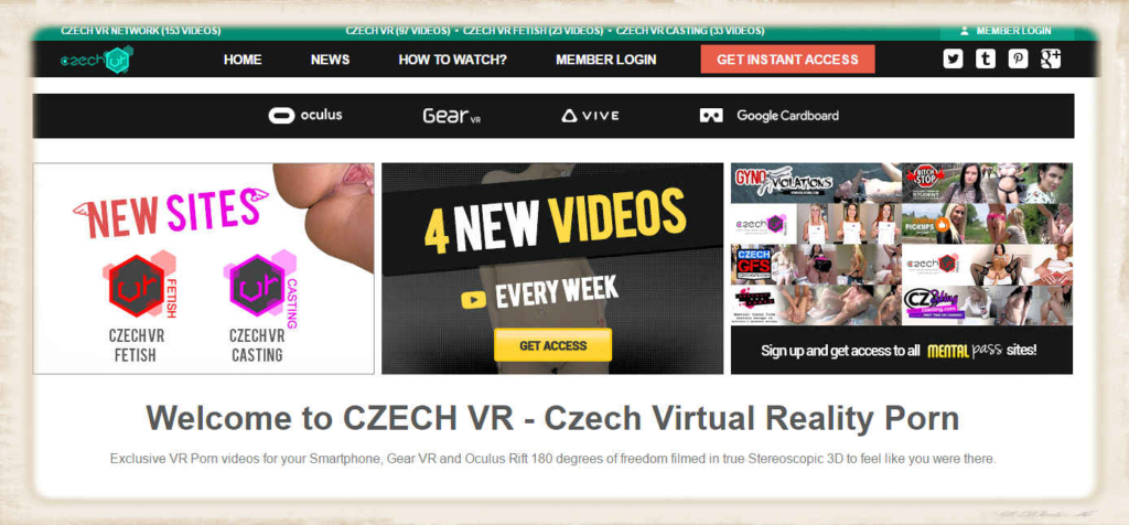 Screenshot of the CzechVR flagship site that also contains the subsites of CzechVR Fetish and Casting