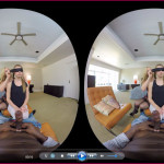 Jillian Janson blindfolded by Julia Ann in VR porn movie