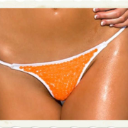 front of orange bikini