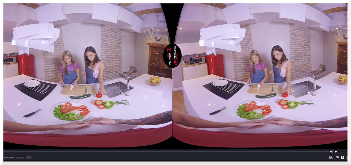 Opening of Cooking Lessons VR porn scene pornstars in kitchen