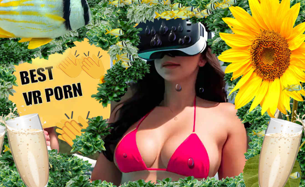 Best VR porn collage header graphic featuring woman in bikini and flowers
