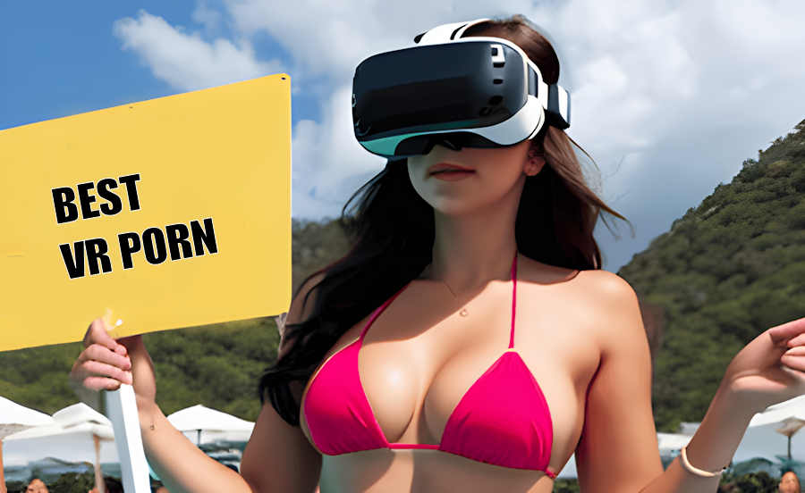 Bikini woman wearing VR headset holds sign that says Best VR Porn