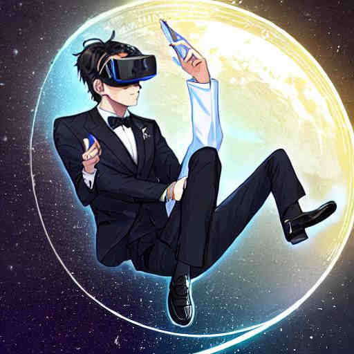 Man in tuxedo watching VR porn on Saturn done in cartoon anime