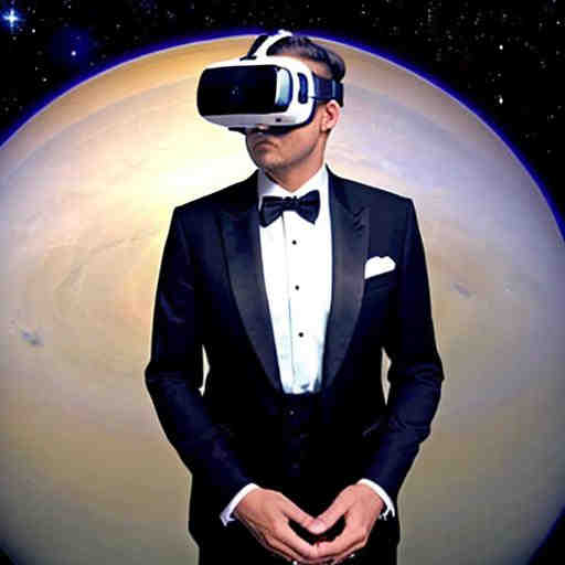 Man in tuxedo watches VR porn on Saturn