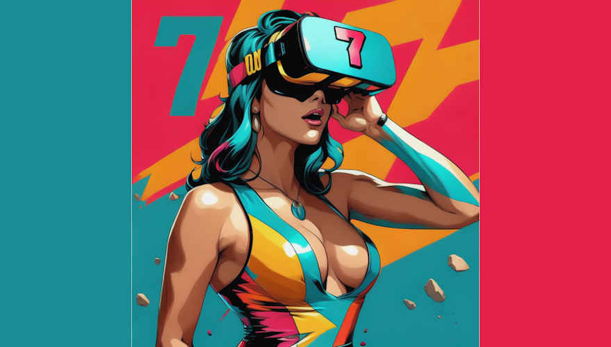 Best 7K videos article header illustration woman in striped top with VR headset with the number 7 on it