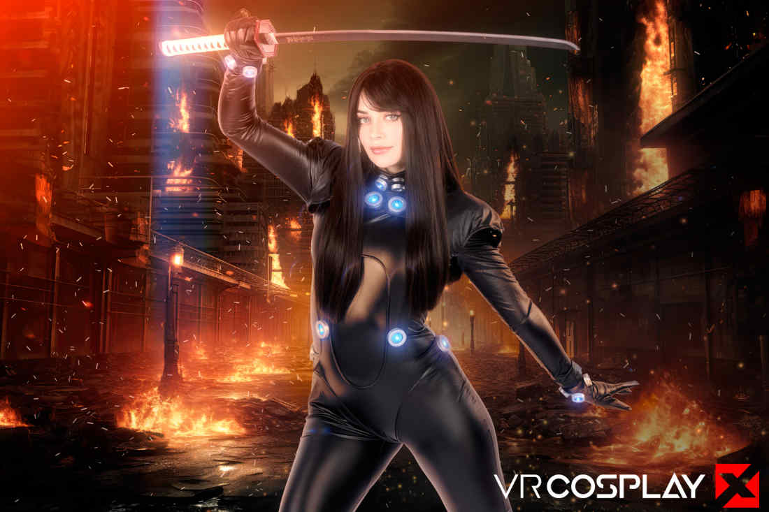 Jewelz Blu VR Cosplay X Gantz costume promo poster holds sword above head