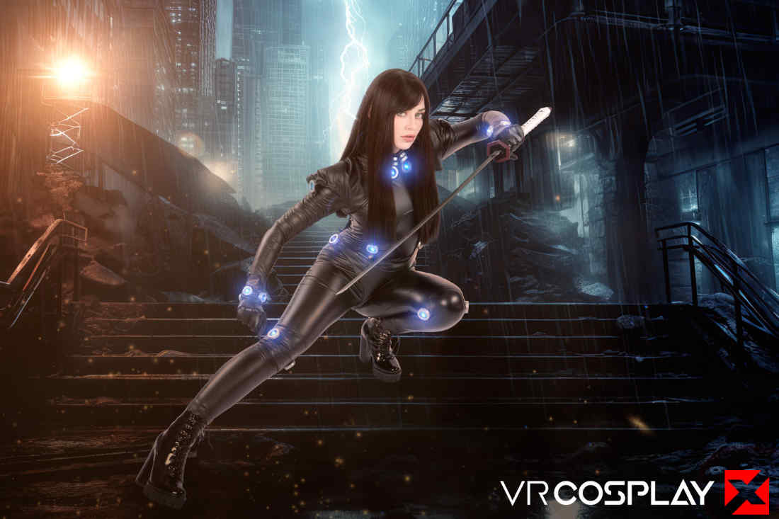 Jewelz Blu VR Cosplay X Gantz costume promo poster leaping down stairs
