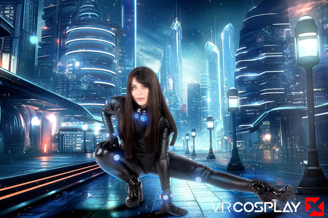Jewelz Blu VR Cosplay X Gantz costume promo poster squatting in futuristic city