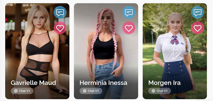 Three AI girlfriends on Dream GF AI website